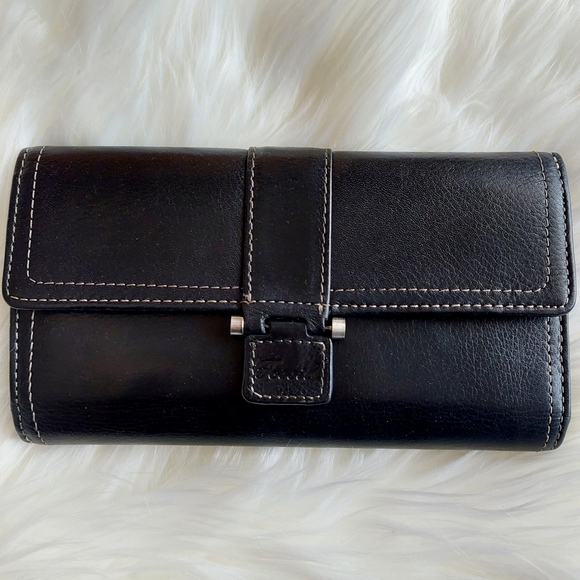 🗝FOSSIL Vintage Tri-fold Black Leather Wallet - Picture 1 of 9